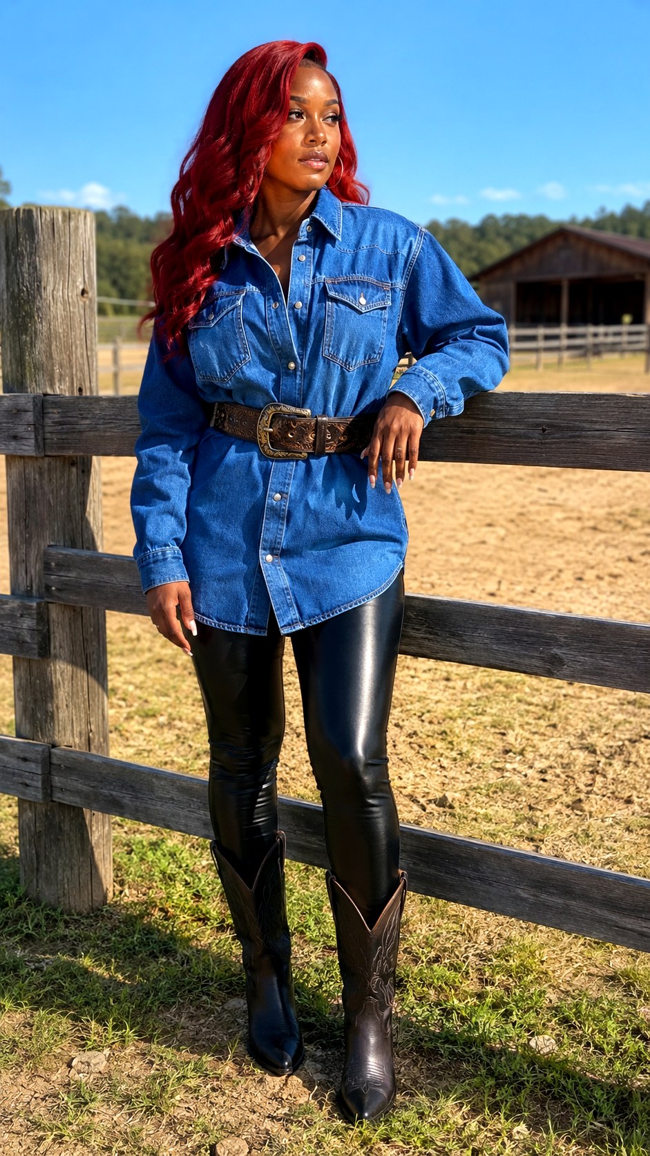 Faux Leather Leggings Denim Button Up Outfit - 22 Denim Button Up Outfit Ideas
