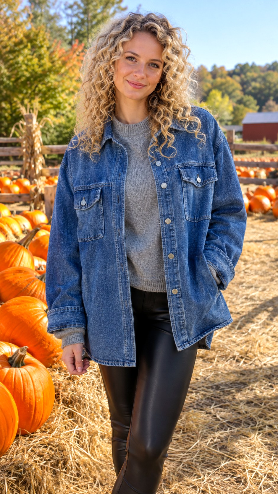 Faux Leather Leggings and Denim Shacket Outfit - 25 denim shacket outfit look ideas