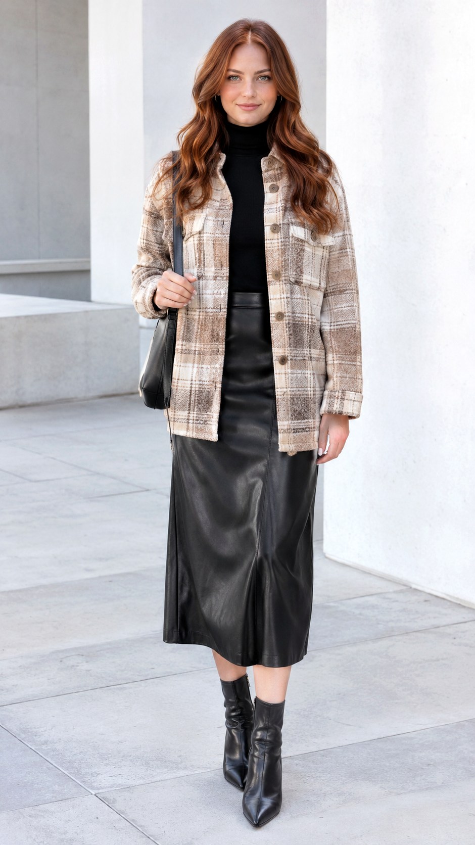 Faux Leather Midi Skirt Pairing - 24 check shacket outfit ideas