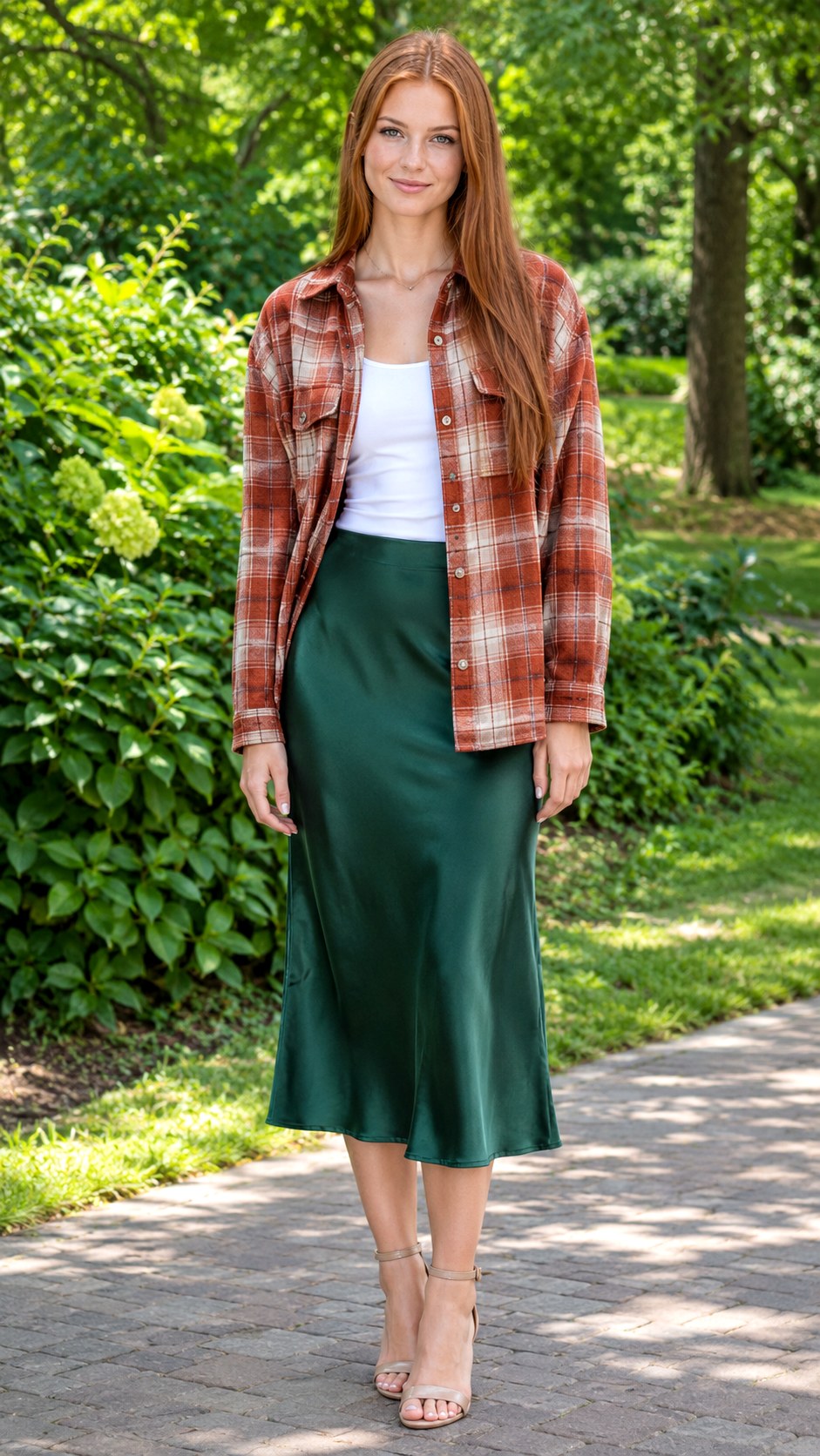 Feminine Silk Midi Skirt Contrast - 24 check shacket outfit ideas