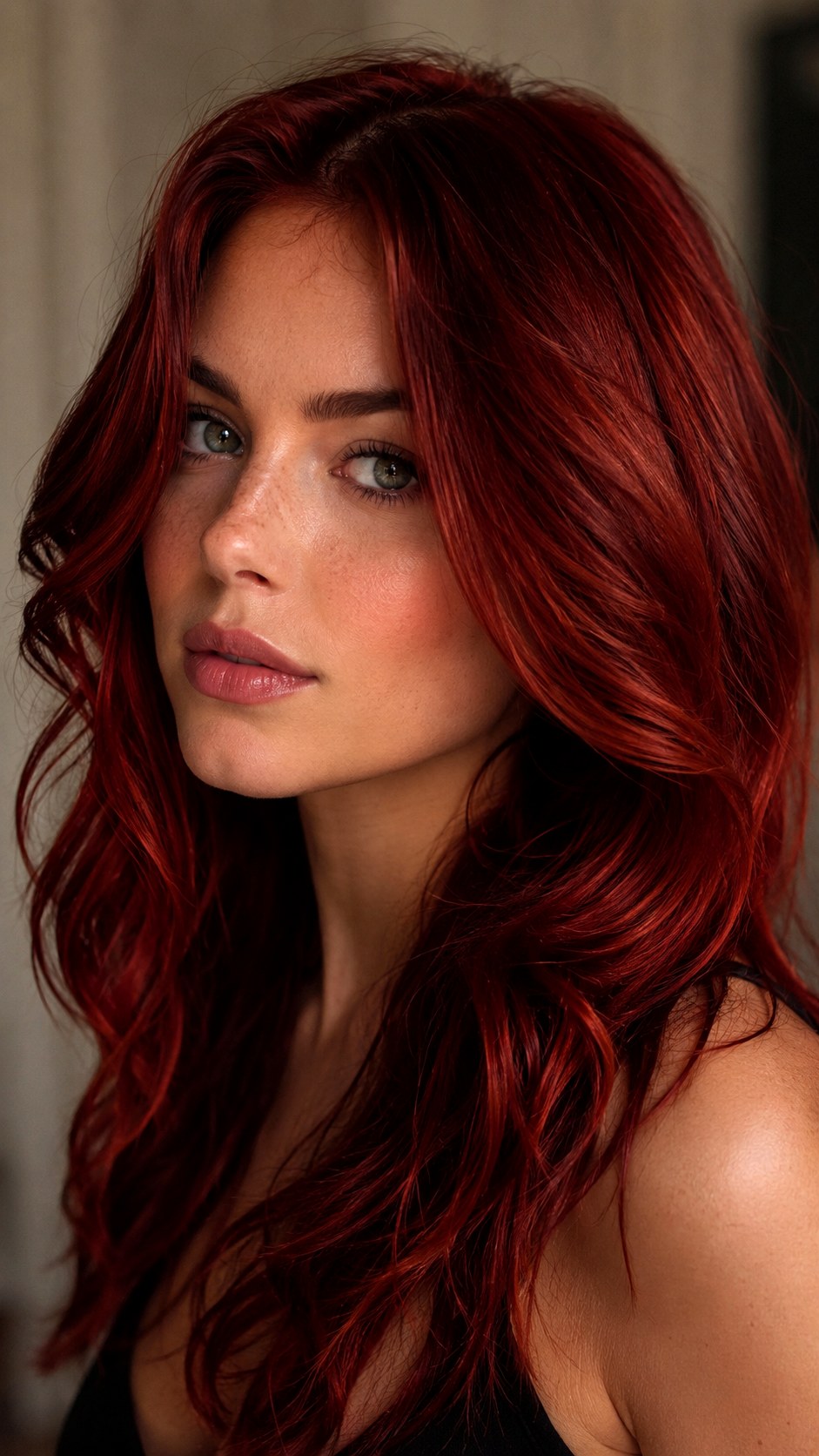 Fiery Crimson Mid Length Waves - 22 vivid hair color ideas