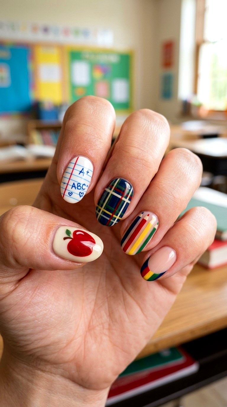 First Day Mixed Theme Nails - 25 back to school nail ideas