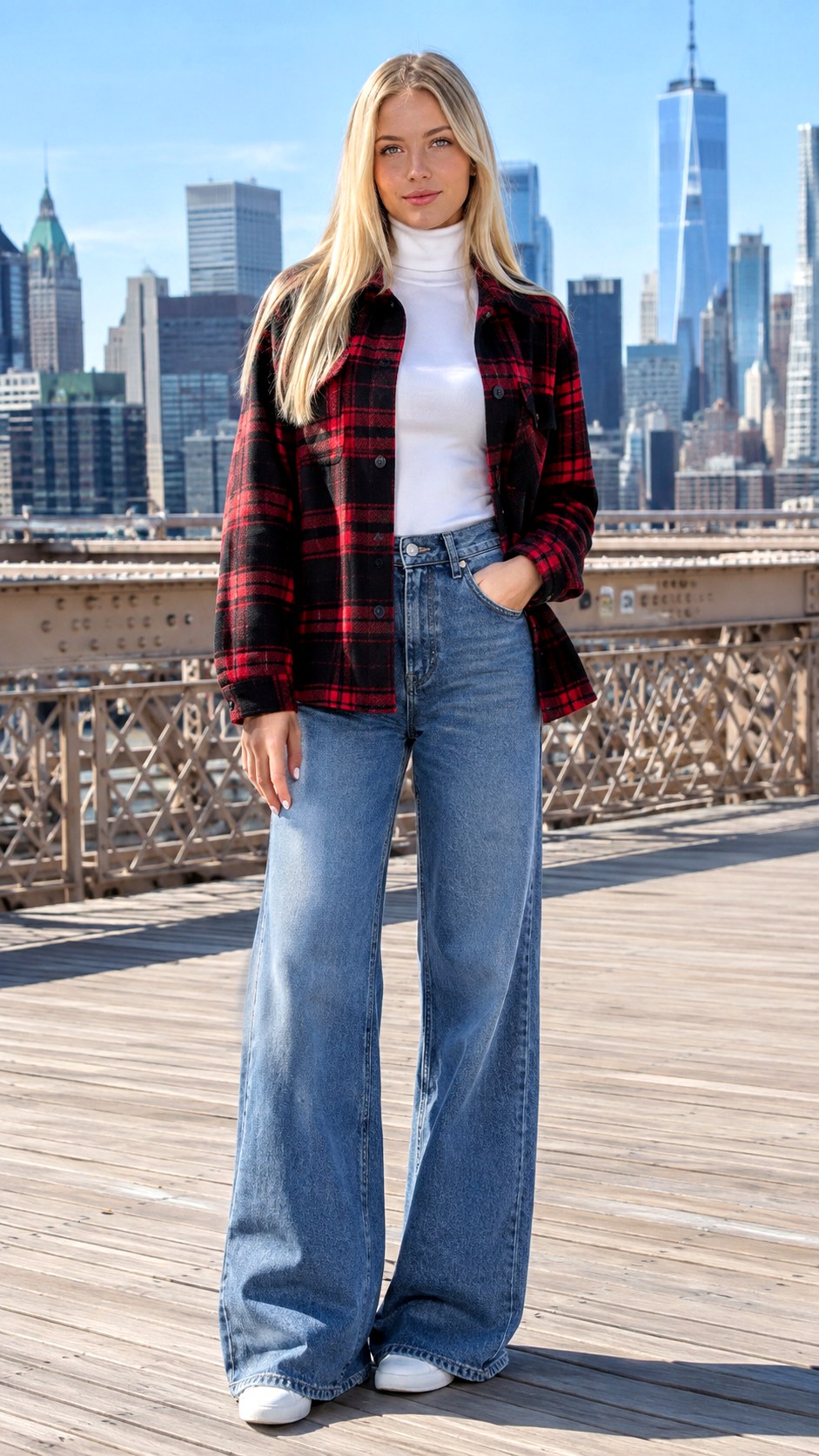 Fitted Turtleneck And Wide Leg Jeans With Plaid Shacket - 23 plaid shacket outfit women ideas