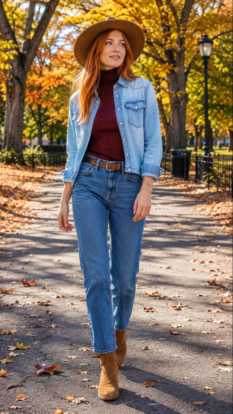 Fitted Turtleneck Denim Button Up Outfit - 22 Denim Button Up Outfit Ideas