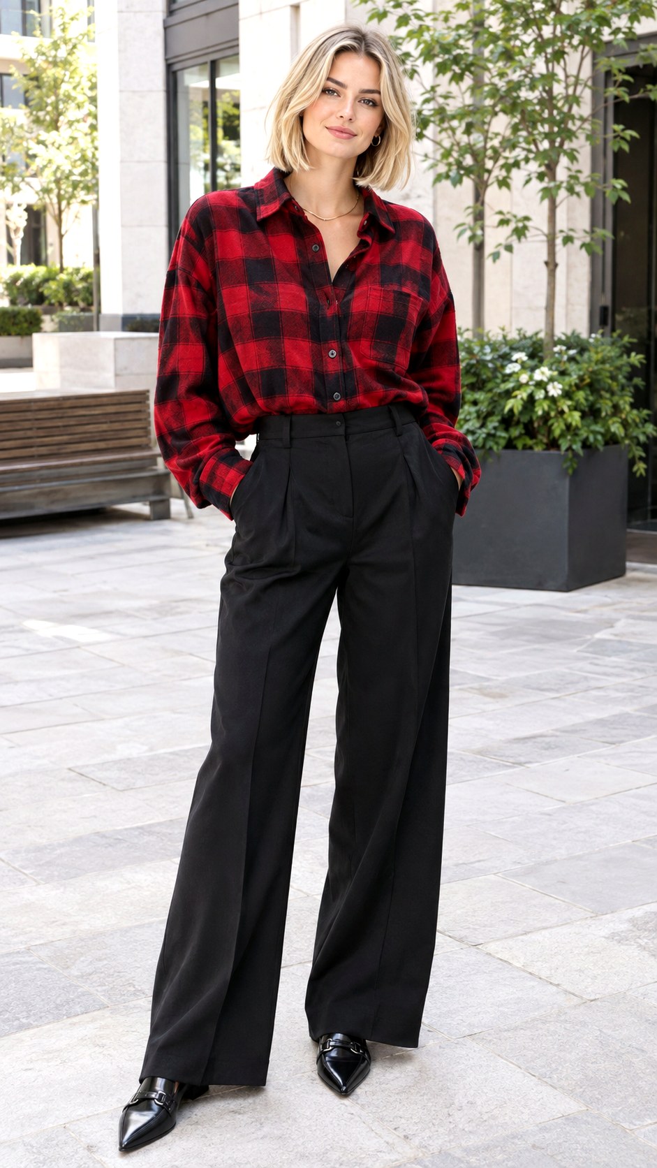 Flannel Button Down Trousers Outfit Look - 20 fall winter outfit look ideas