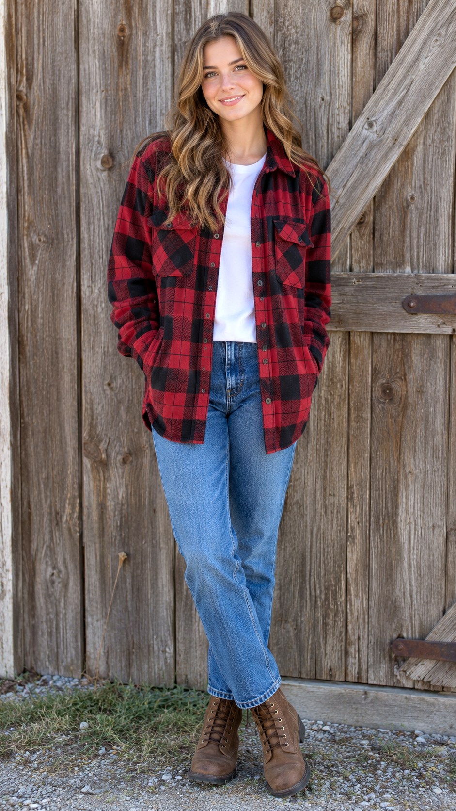 Flannel Shacket and White Tee - 22 layered fall fashion outfit ideas