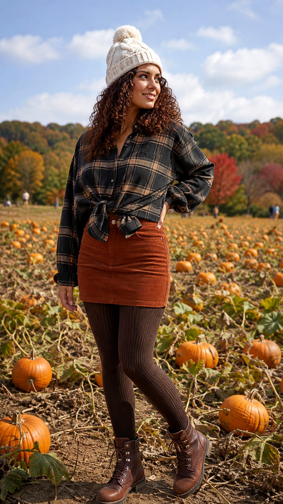Flannel and Corduroy Skirt with Tights - 23 Skirt with Tights Outfit Ideas