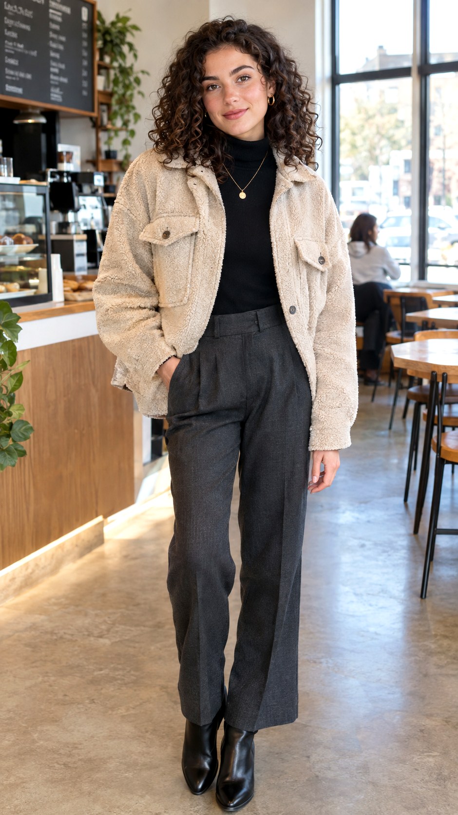 Fleece Shacket Over Black Turtleneck - 21 shacket jacket outfit ideas