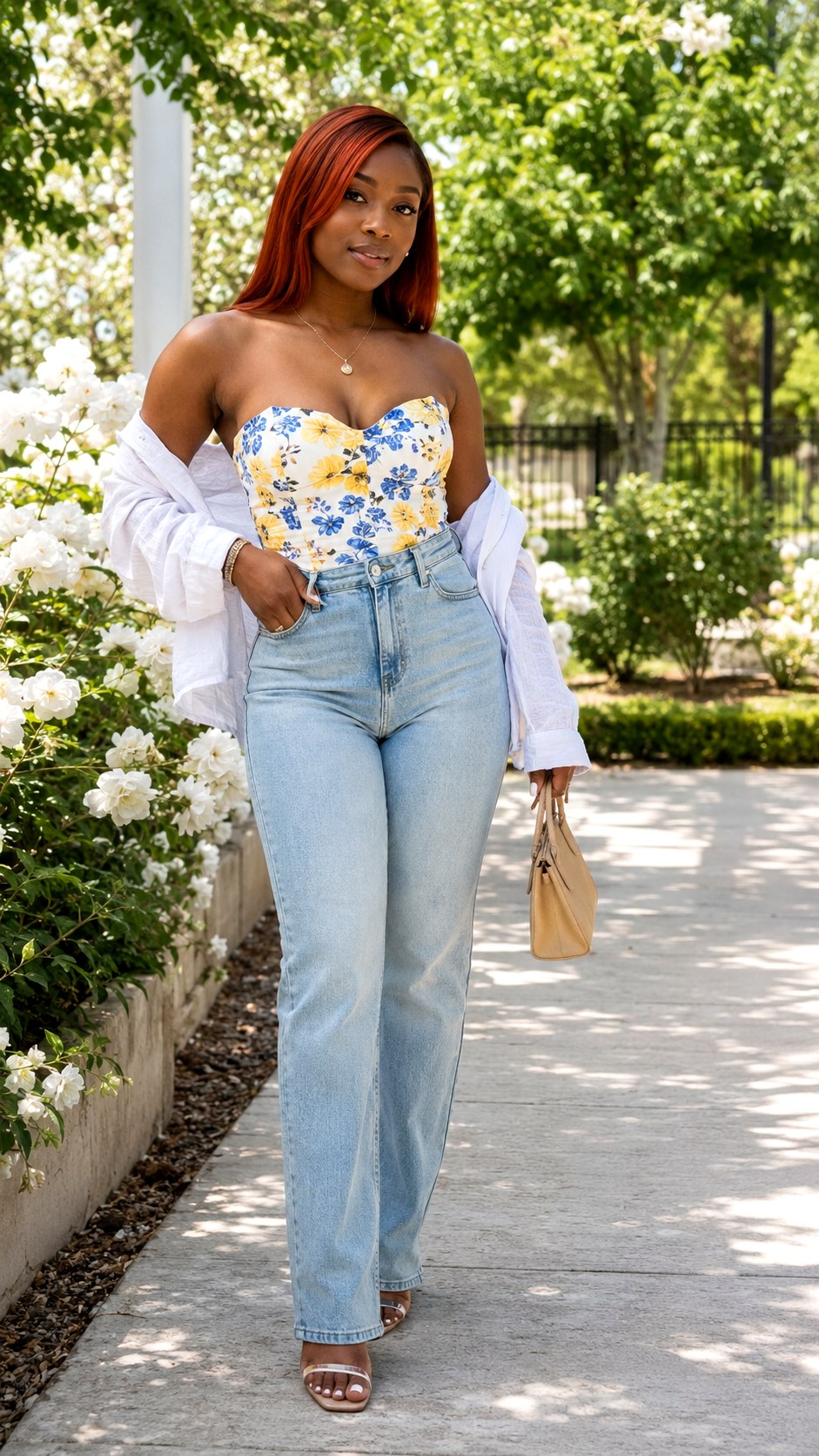 Floral Bustier Top Light Wash Jeans - 25 Light Wash Jeans Outfit Ideas