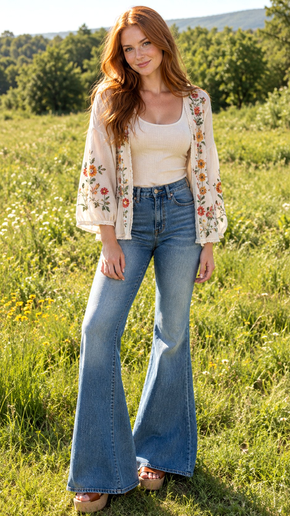 Floral Embroidered Cardigan and Bell Jeans - 25 cardigan and jeans outfit ideas