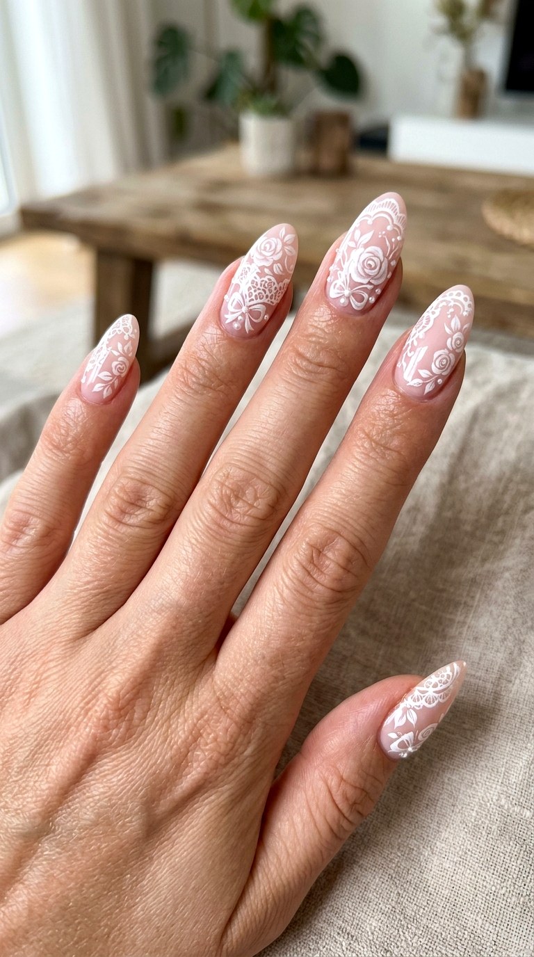 Floral Lace Coquette Nails - 21 coquelte lace nail ideas