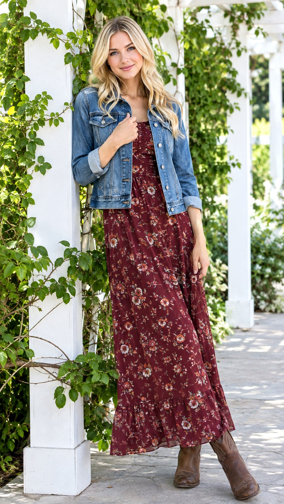 Floral Maxi Dress and Denim Jacket - 24 early fall outfit look ideas