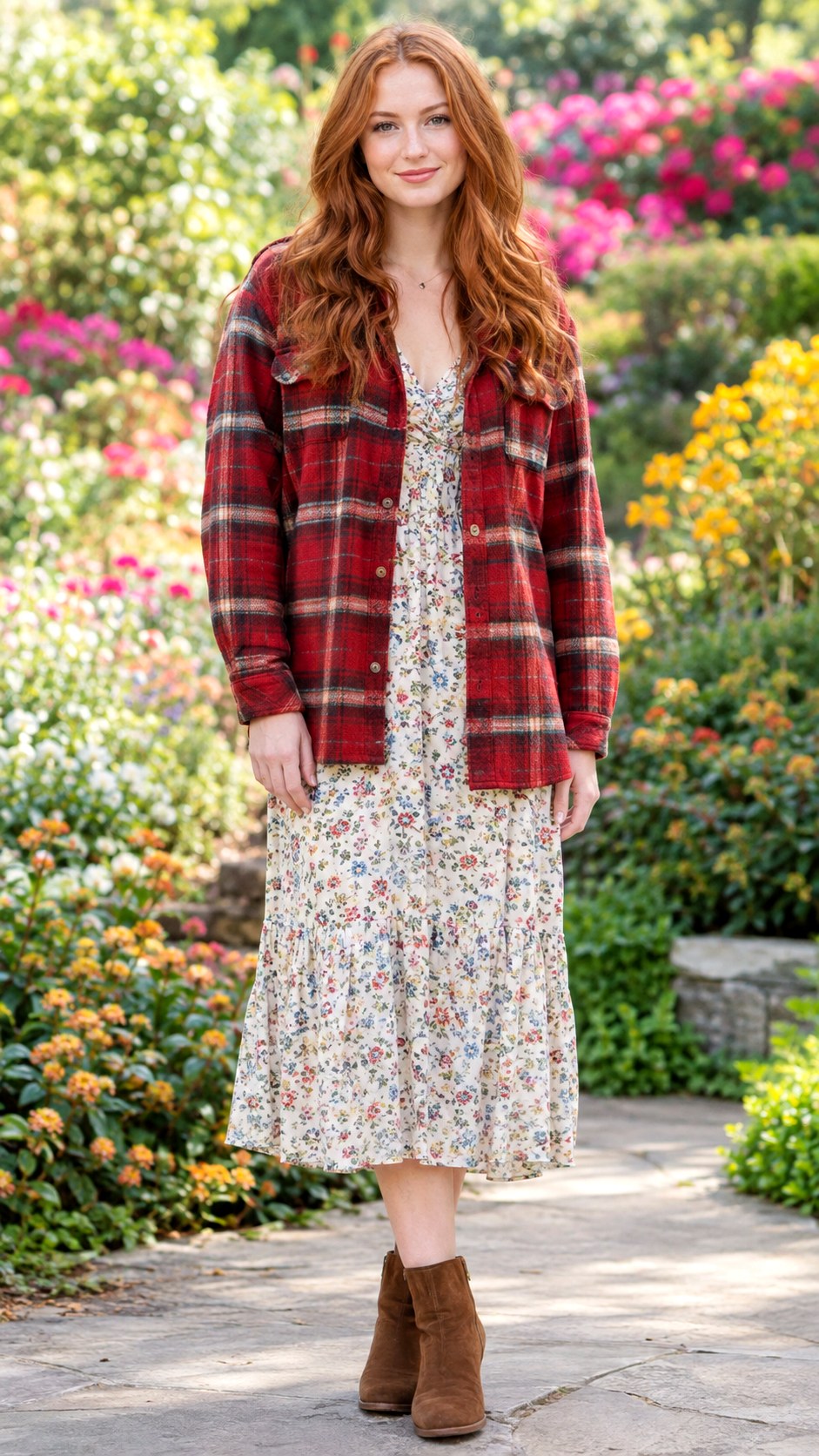 Floral Midi Dress And Ankle Boots - 24 check shacket outfit ideas