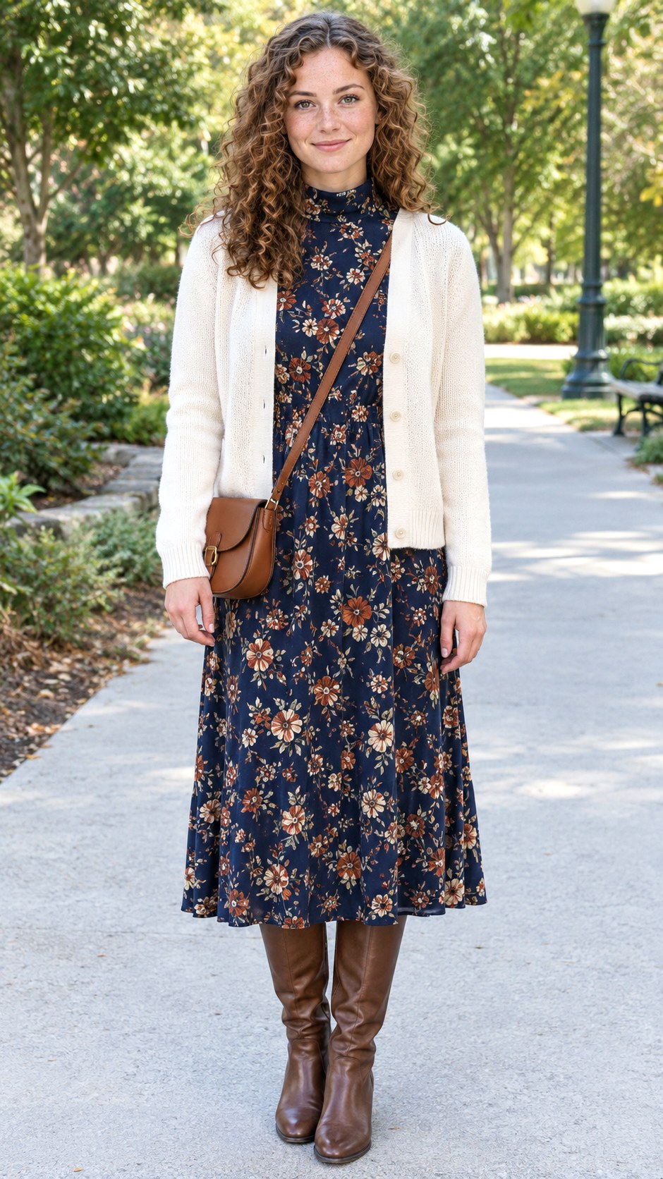 Floral Midi Dress With Brown Boots - 20 2026 autumn outfits