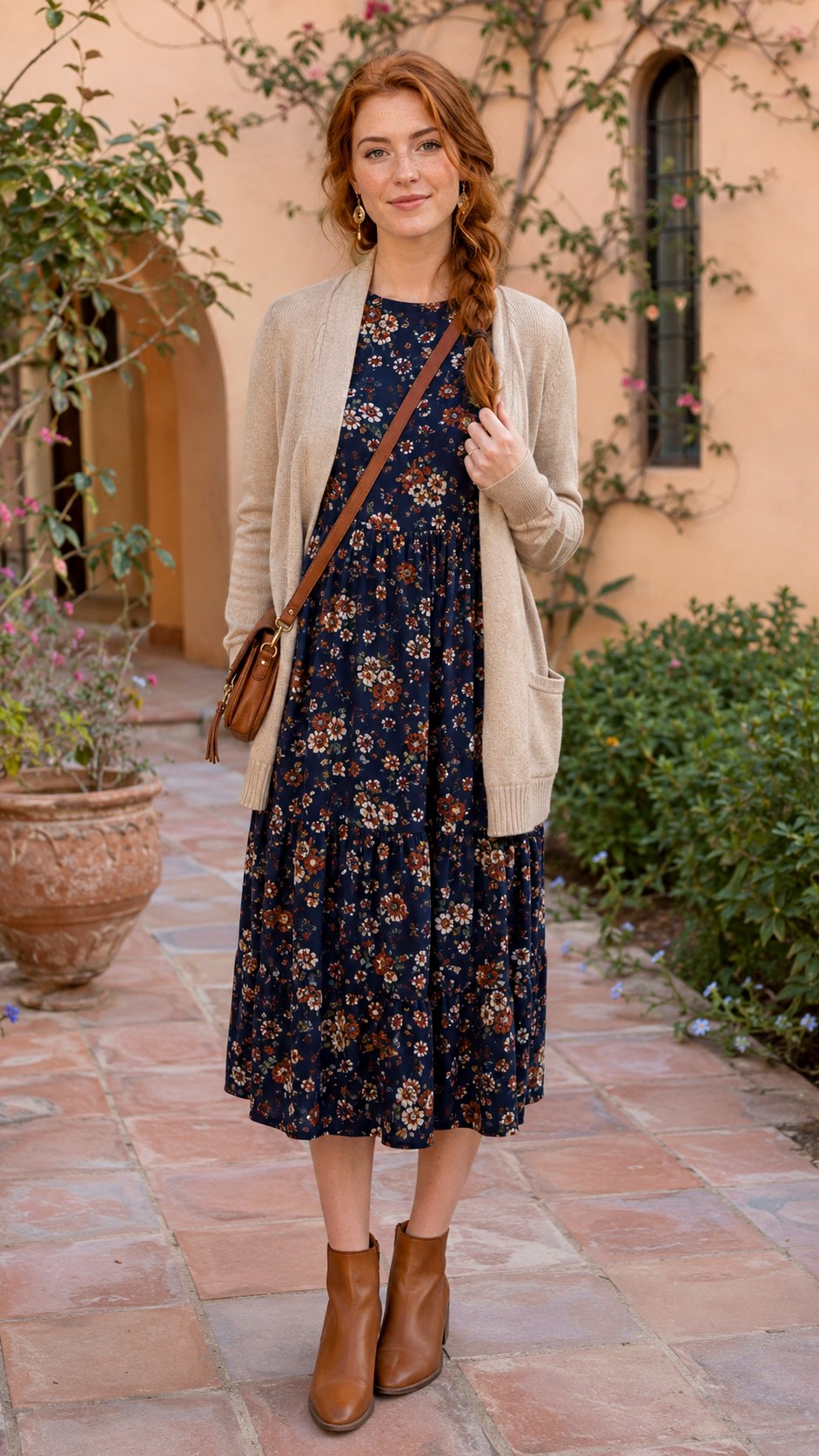 Floral Midi Dress With Knit Cardigan - 20 autumn aesthetic outfit ideas
