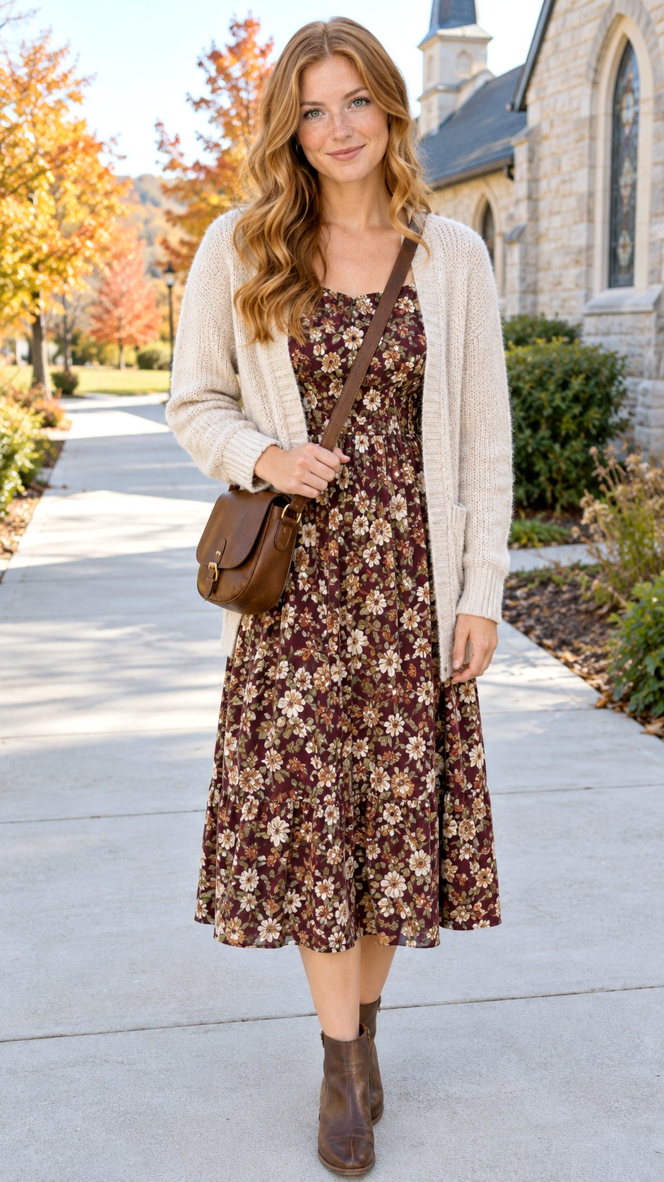 Floral Midi Dress With Oatmeal Cardigan - 20 fall church outfit ideas