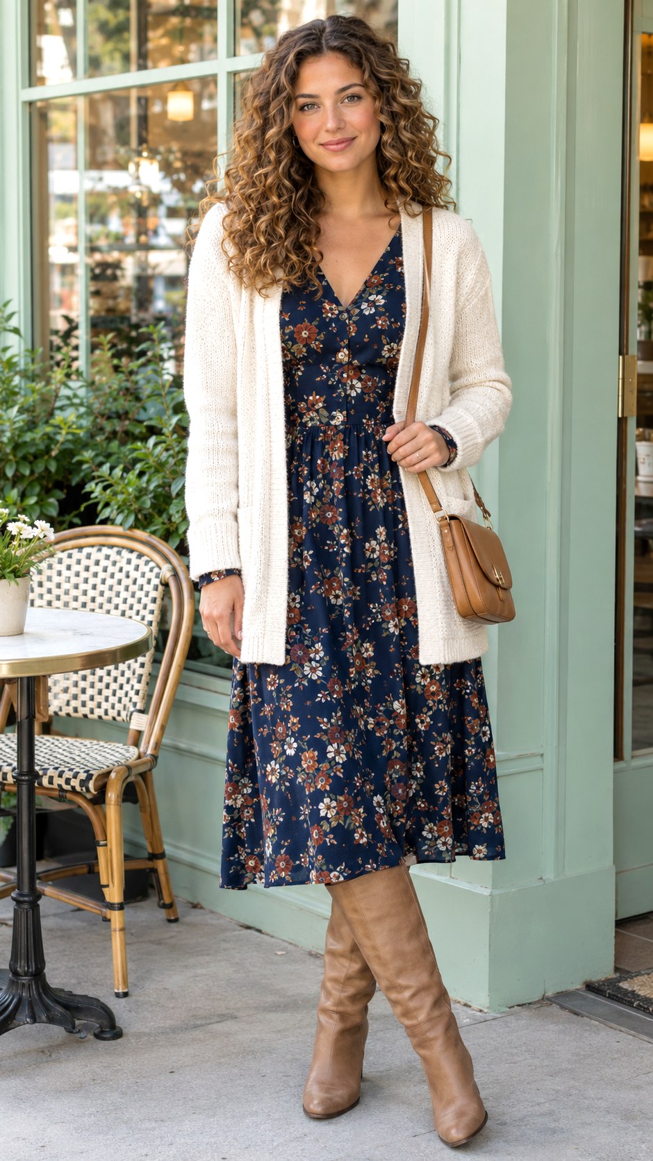 Floral Midi Dress and Cardigan - 20 fall outfits women