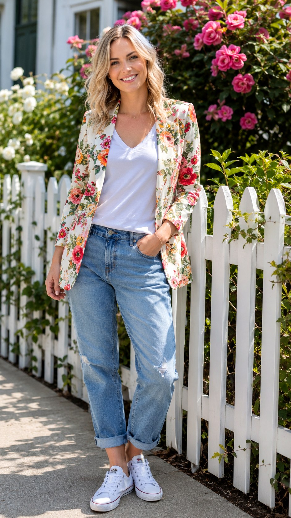 Floral Print Blazer And Boyfriend Jeans - 24 blazer and jeans outfit ideas