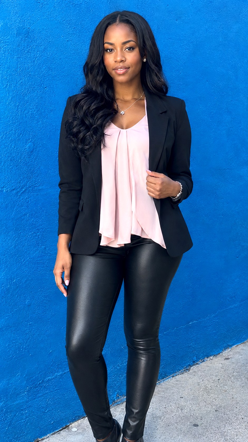 Flowy Blouse and Faux Leather Leggings With Black Blazer - 22 black blazer outfit ideas
