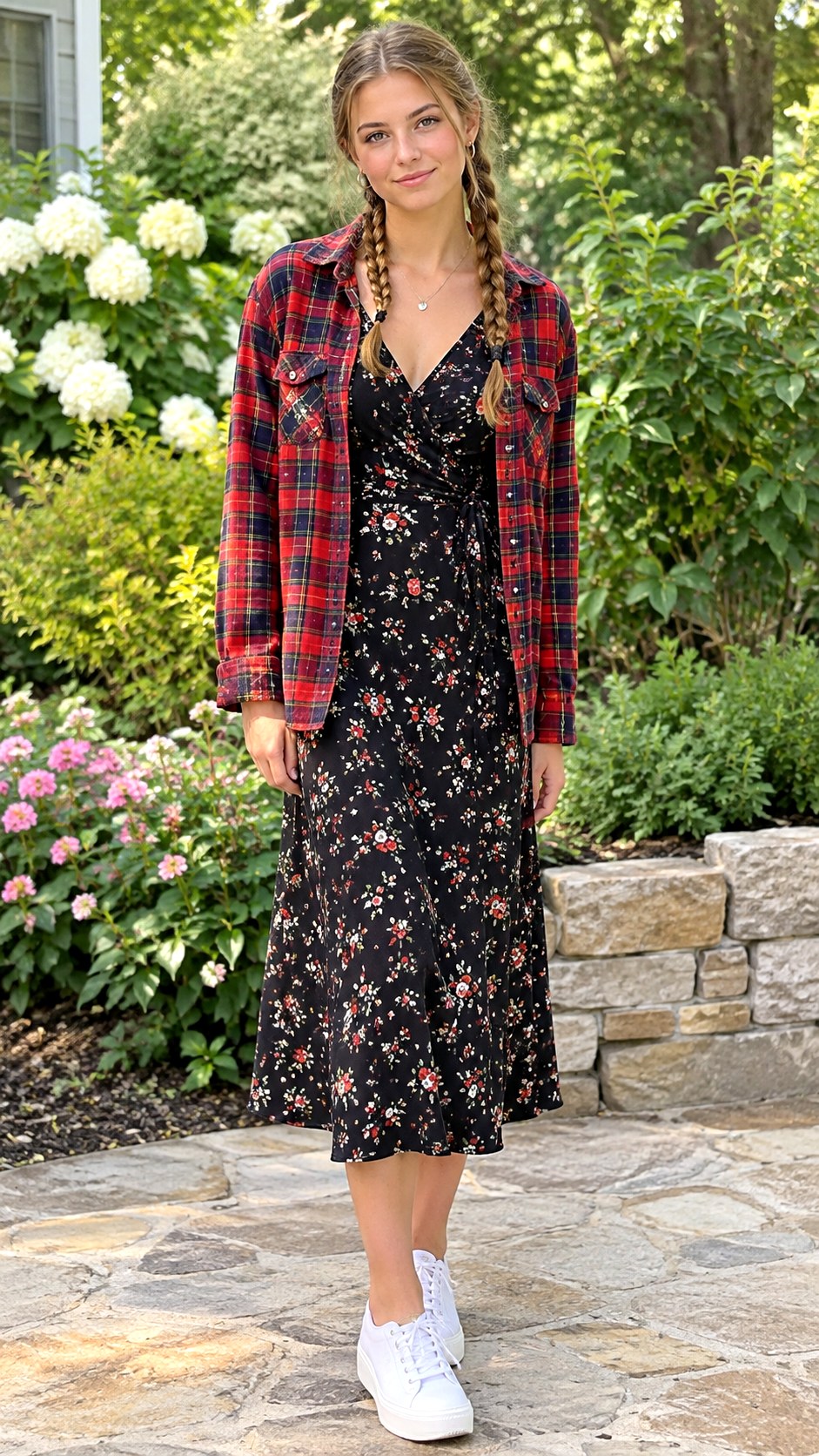 Flowy Midi Dress And Sneakers With Plaid Shacket - 23 plaid shacket outfit women ideas