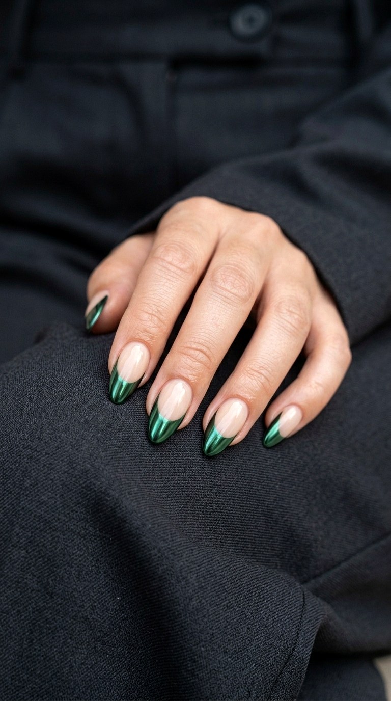 Forest Green Chrome French Nails - 24 Green Nail ideas