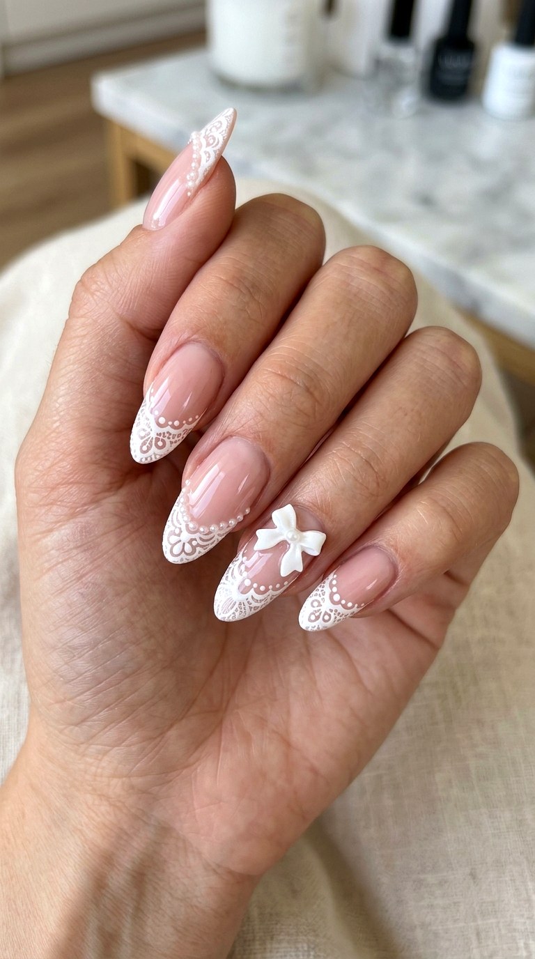 French Lace Pearl Nails - 21 coquelte lace nail ideas