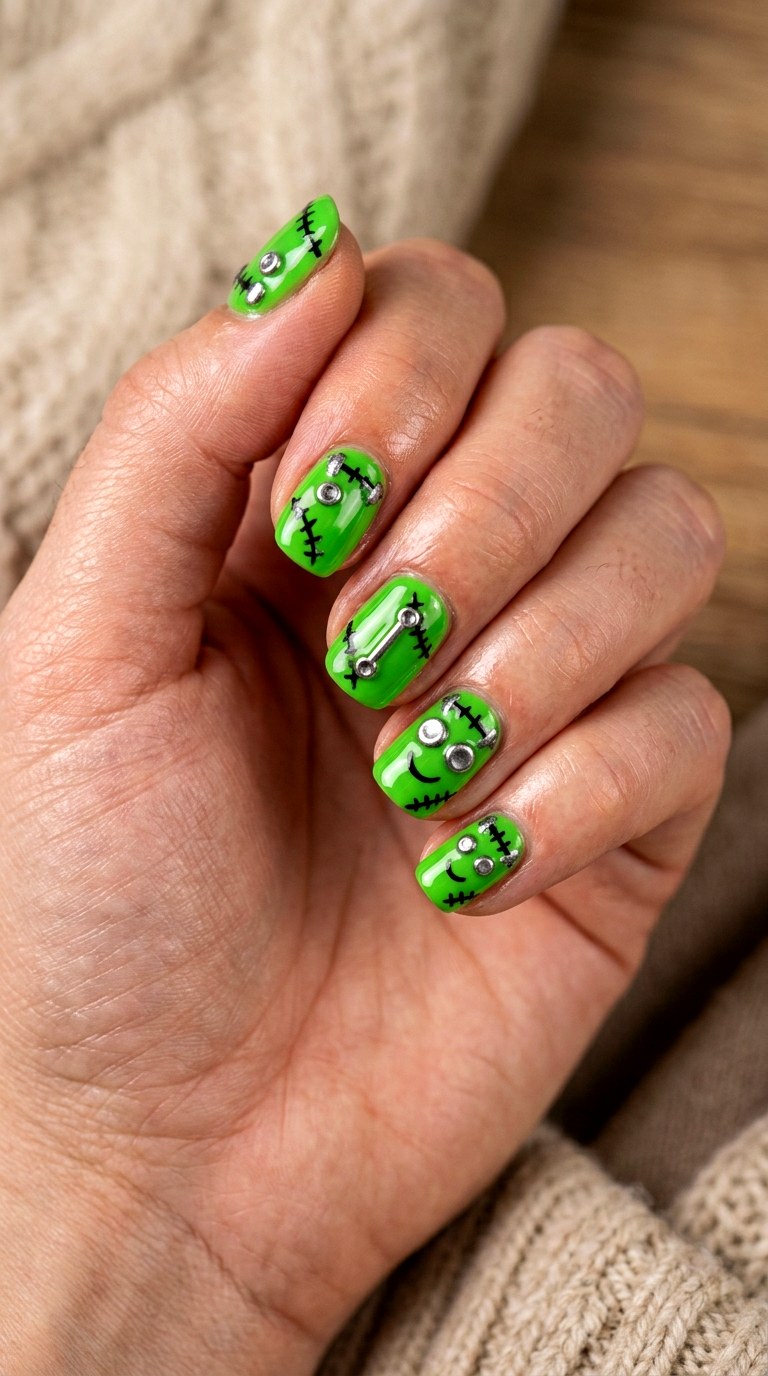 Friendly Frankenstein Nails - 21 cute halloween nail ideas