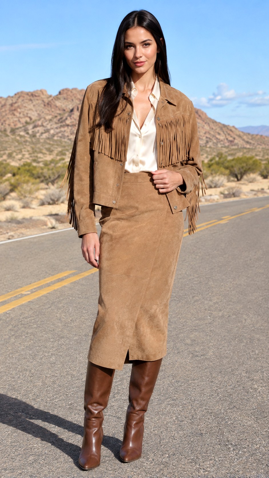 Fringe Detail Shacket Suede Skirt - 21 shacket jacket outfit ideas