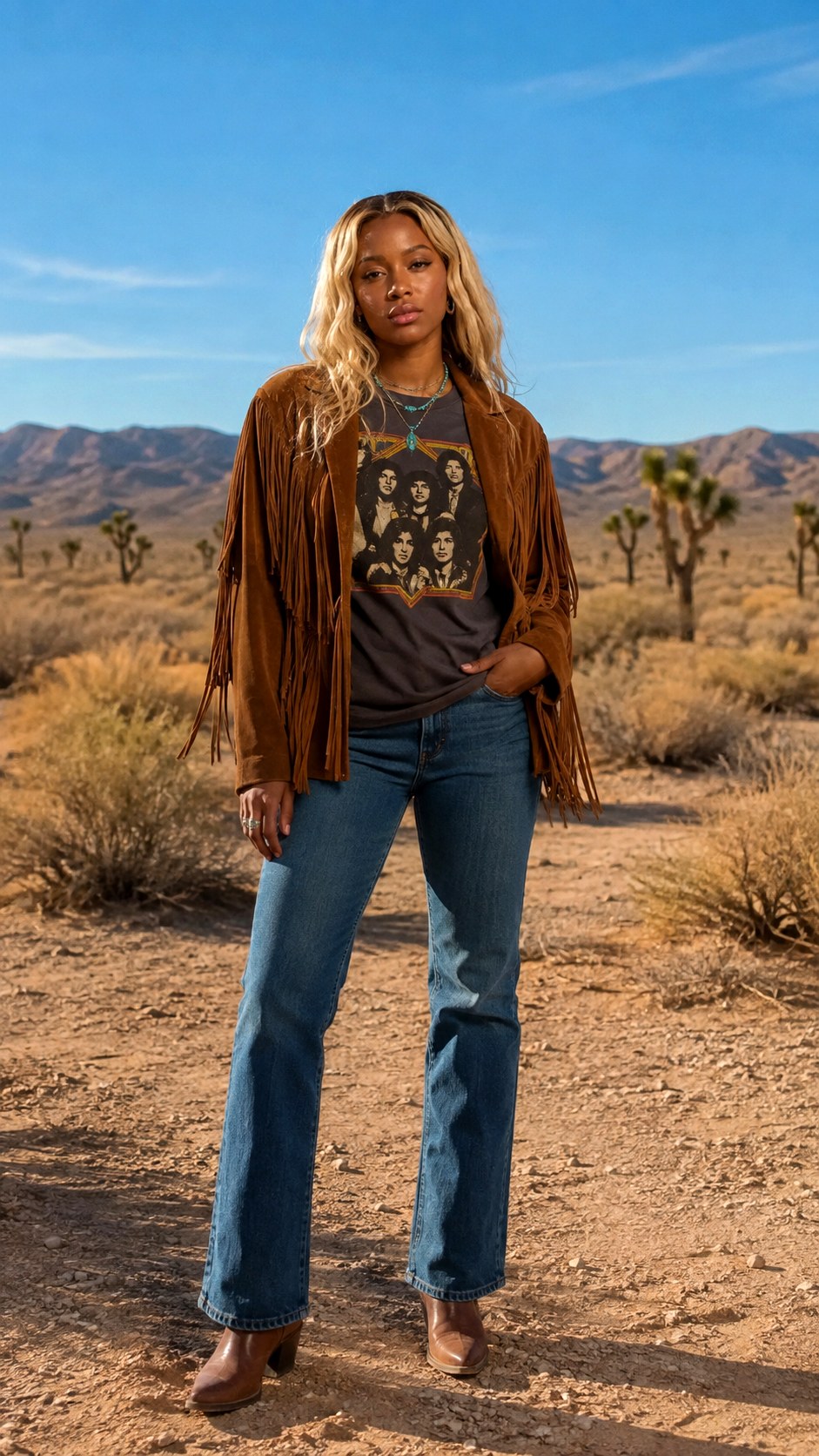 Fringe Jacket With Vintage Band Tee - 25 Indie Aesthetic Outfits Ideas