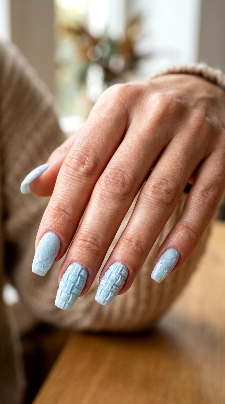 Frosted Ice Blue Knit Nails - 24 winter sweater nails nail art design ideas
