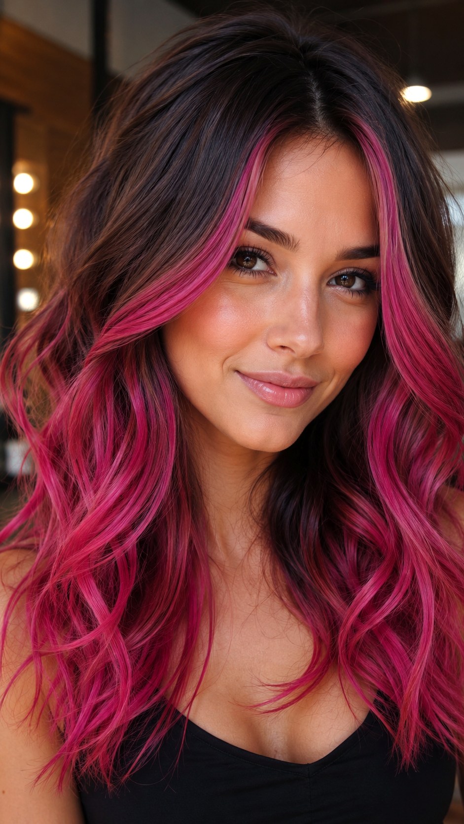Fuchsia Balayage on Brunette - 23 hot pink hair color ideas