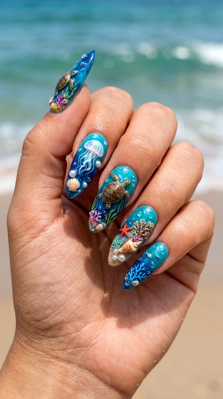 Full D Underwater World Nails - 20 3D Ocean nails idea