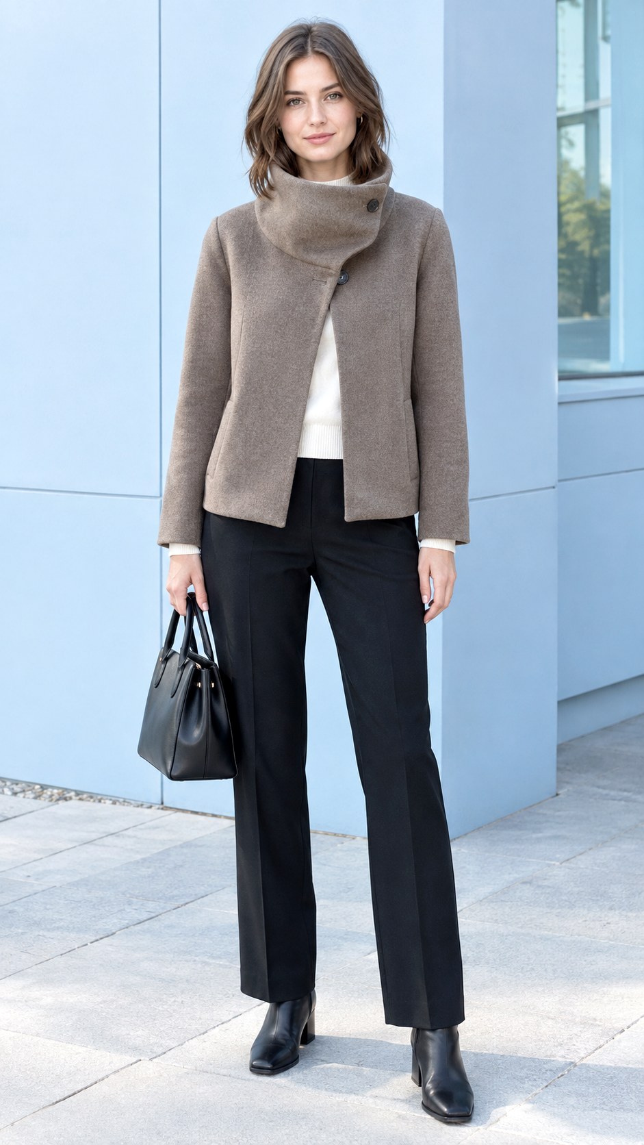 Funnel Neck Jacket With Tailored Pants - 20 fall jackets outfit ideas