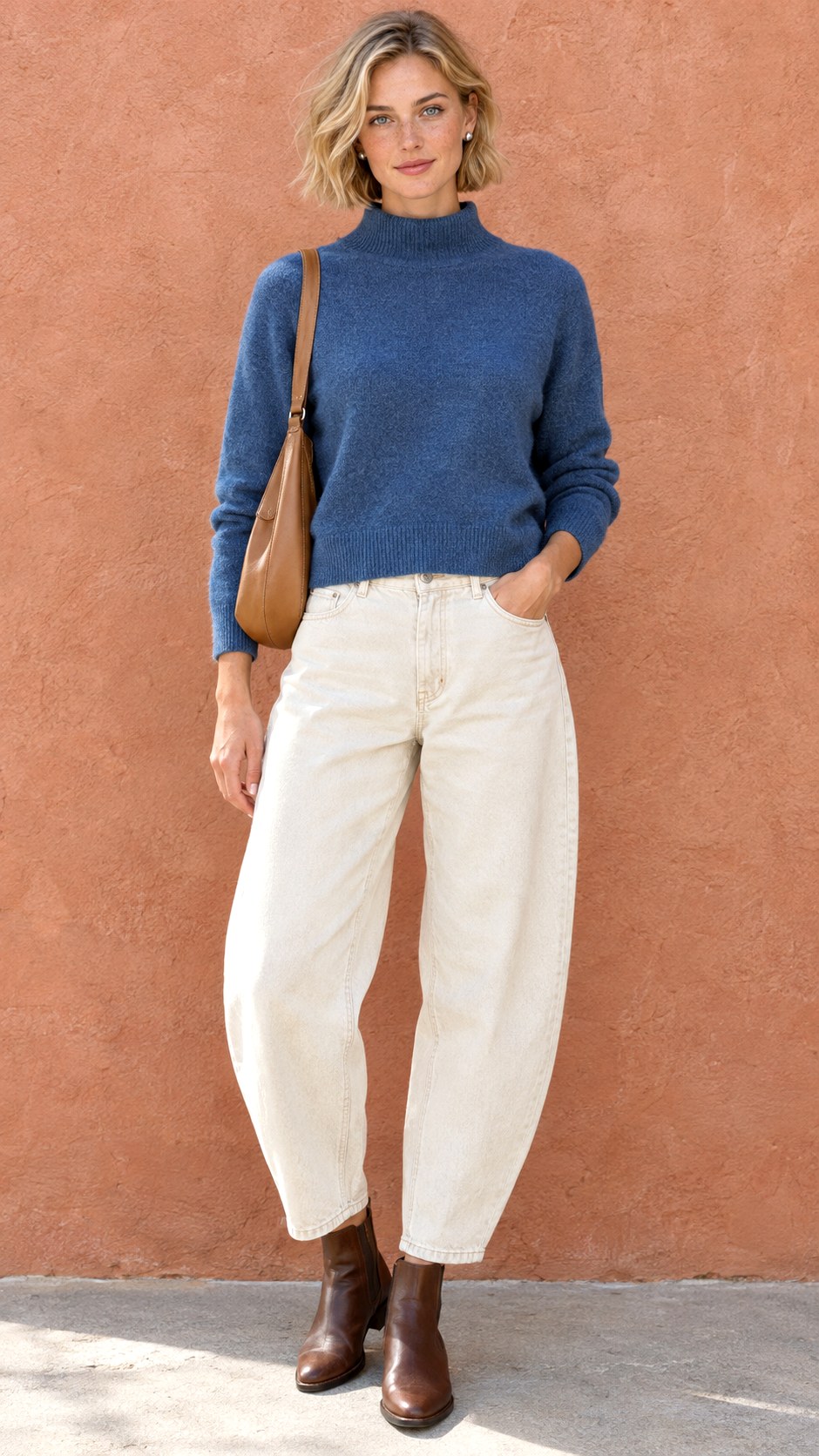 Funnel Neck Sweater With Barrel Jeans - 20 comfy fall outfits