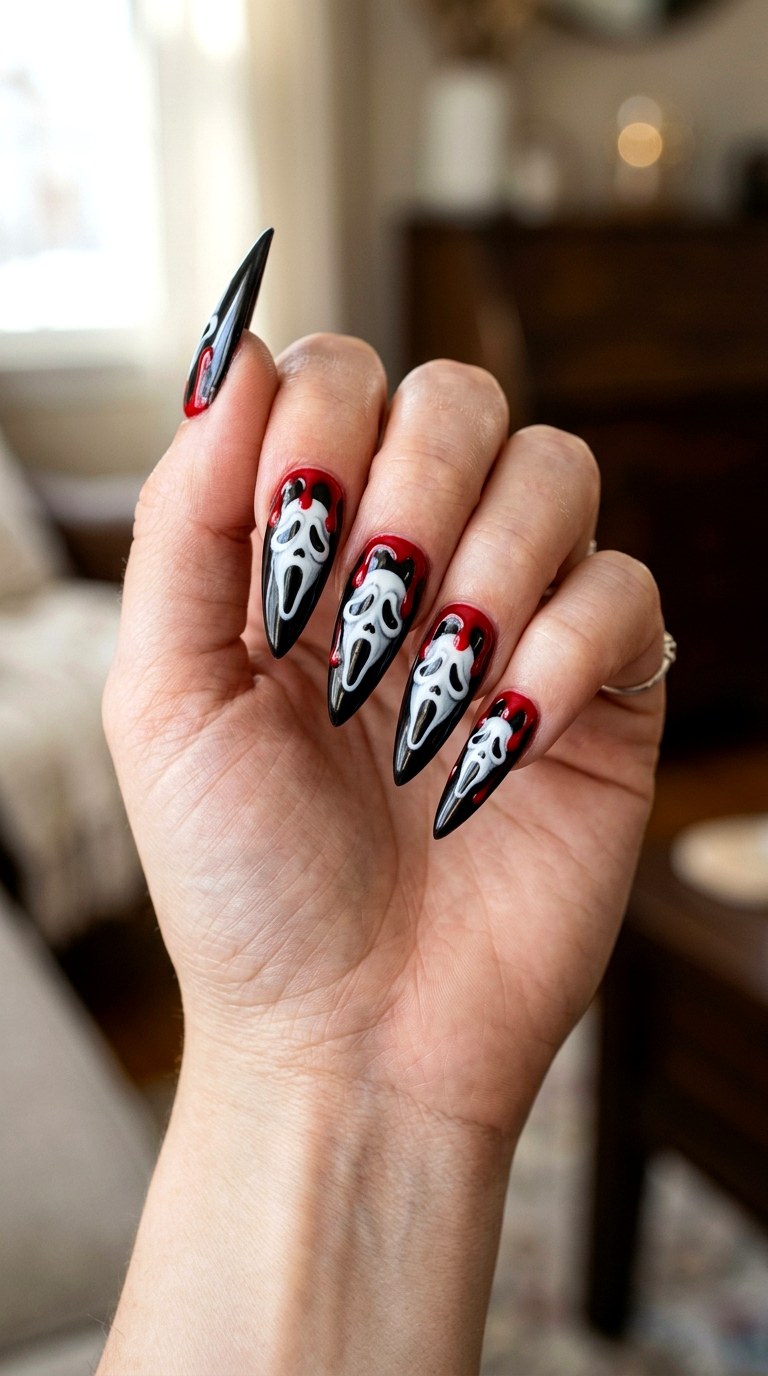 Ghost Face Stiletto Red Drip Nails - 22 ghost face nail ideas