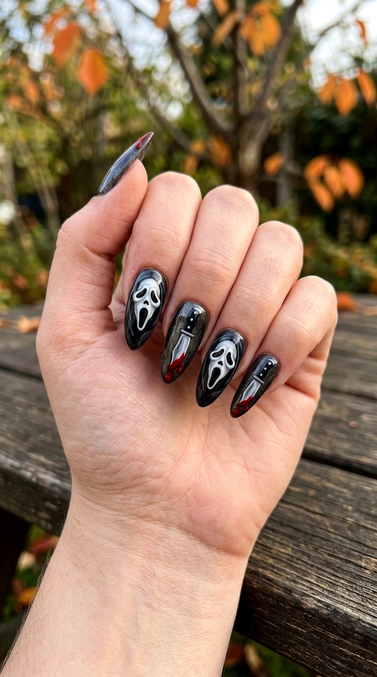 Ghost Face and Knife Motif Nails - 22 ghost face nail ideas