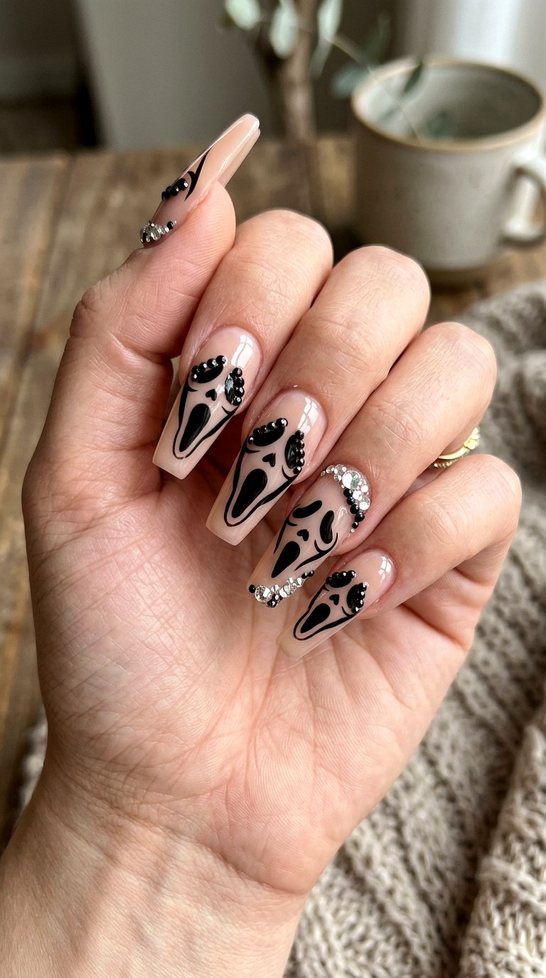 Ghost Face with Crystal Accents Nails - 22 ghost face nail ideas