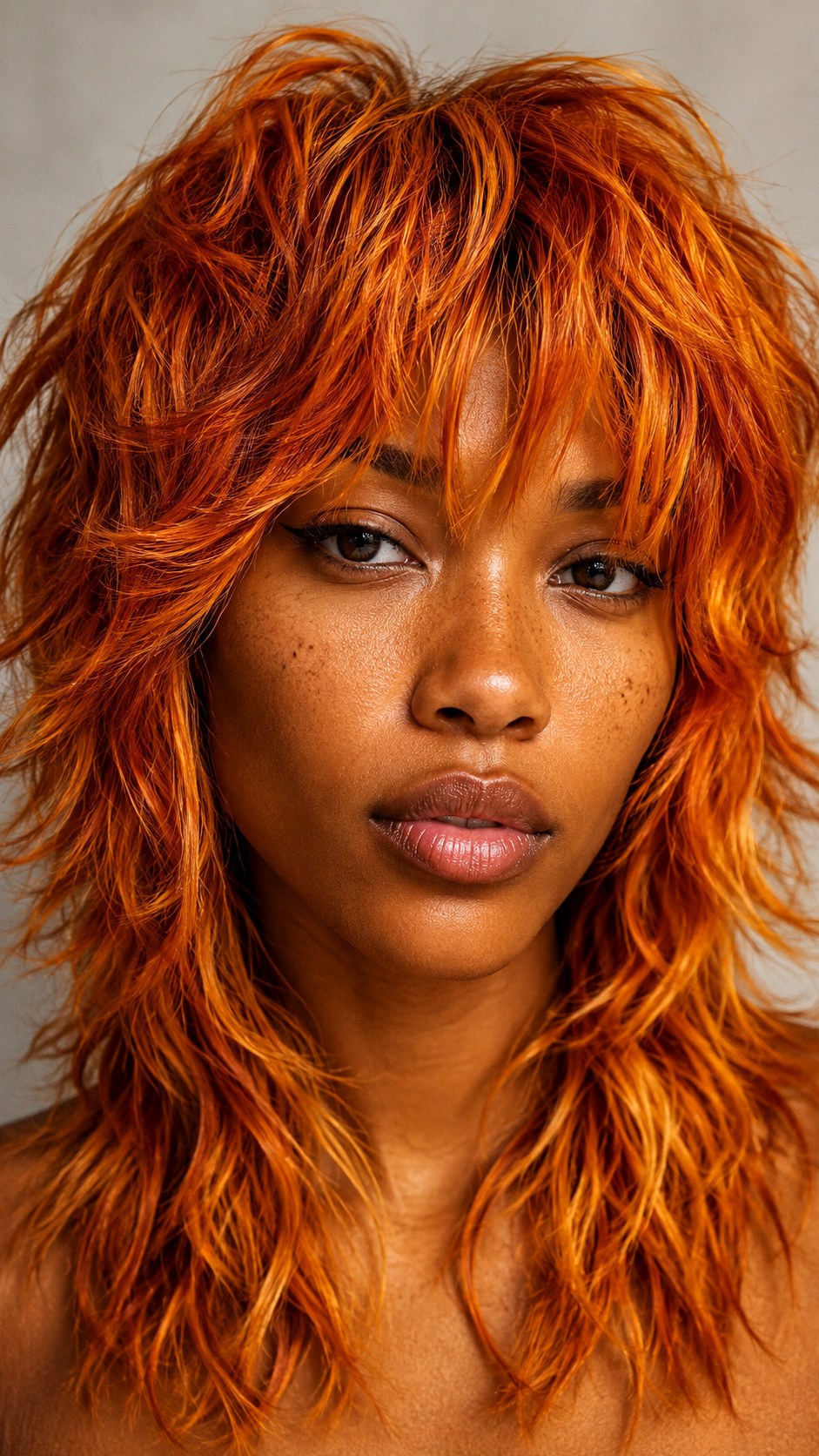 Ginger Amber on a Textured Wolf Cut - 23 hair color for brown skin ideas