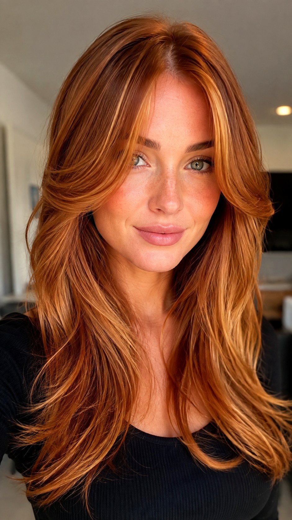 Ginger Spice Babylights on Curtain Bangs - 22 red hair color highlights ideas