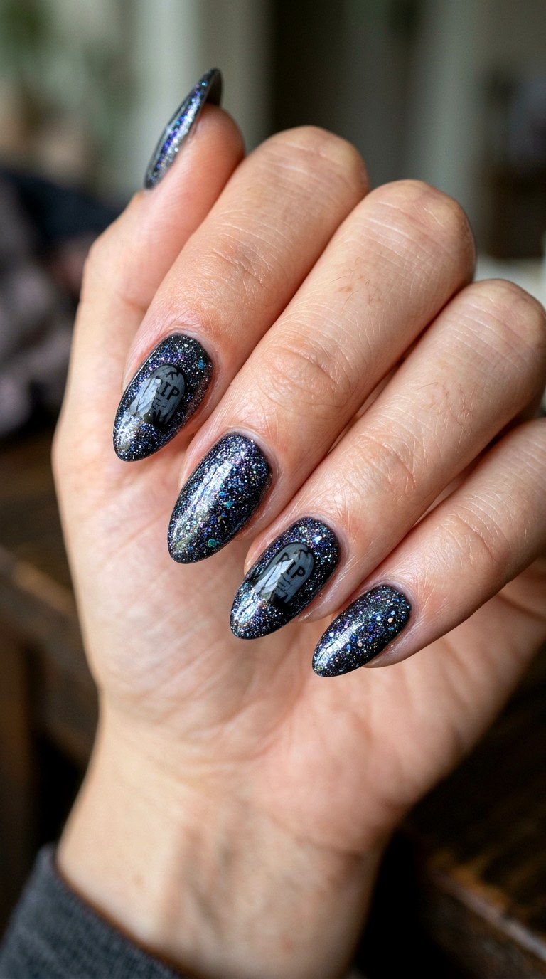 Glitter Tombstone Nails - 25 spooky nail ideas
