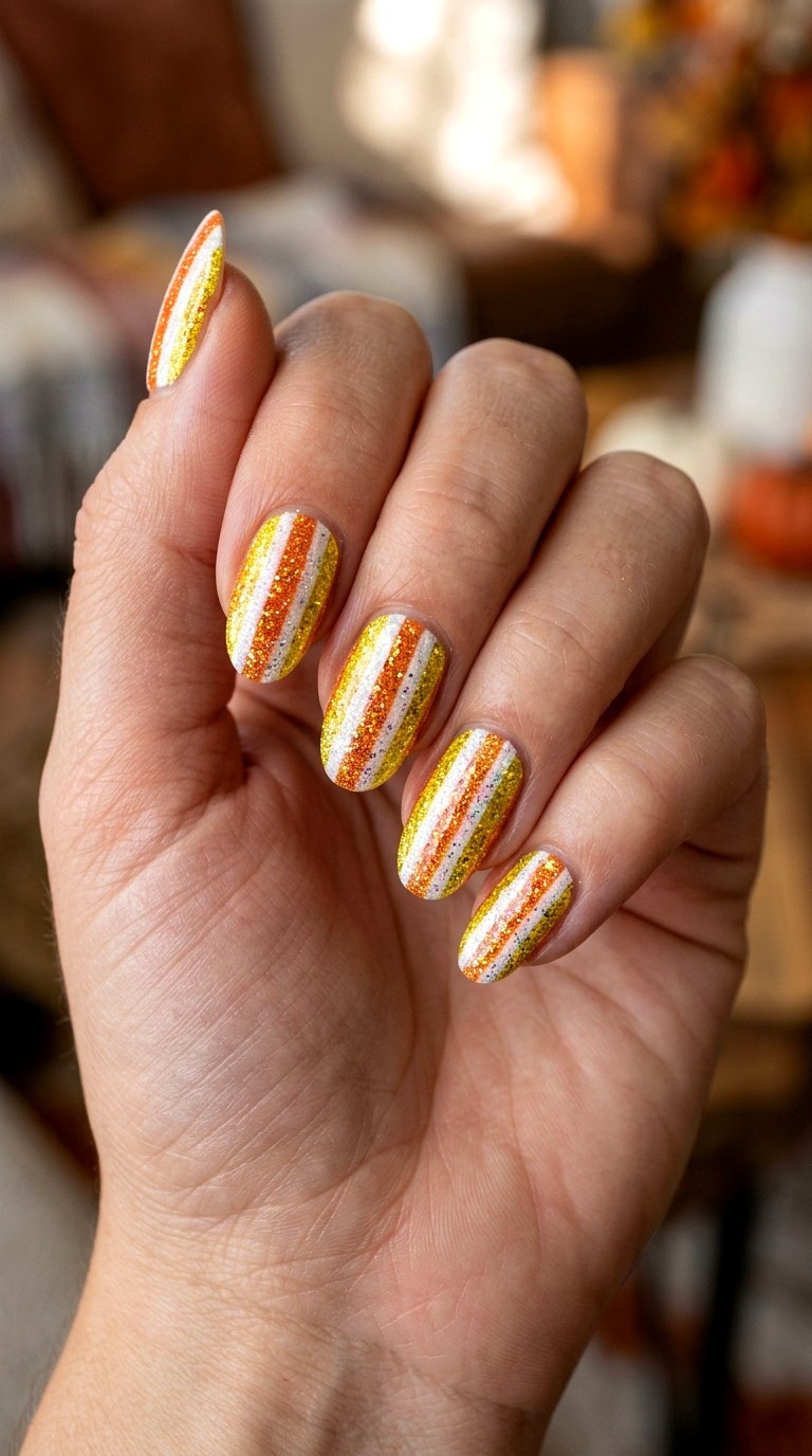 Glittering Candy Corn Nails - 25 short halloween nail ideas