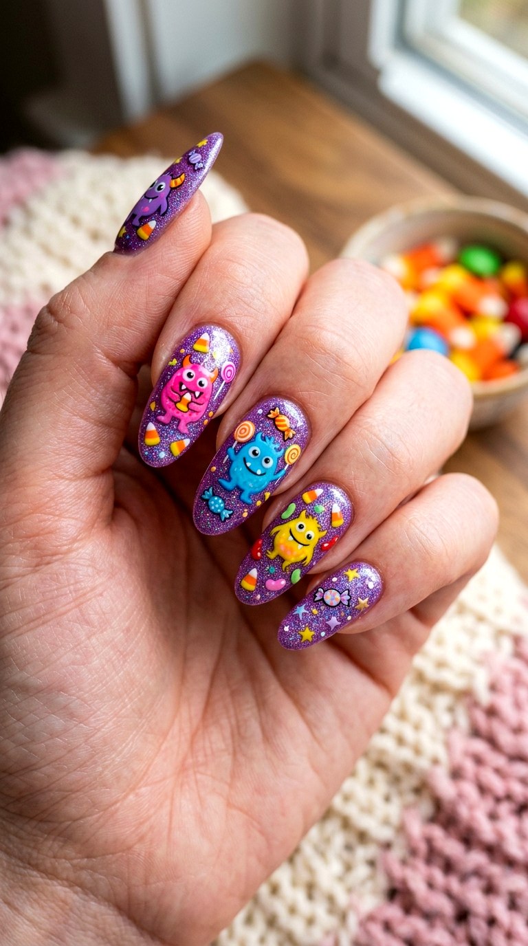 Glittery Candy Monster Nails - 21 cute halloween nail ideas