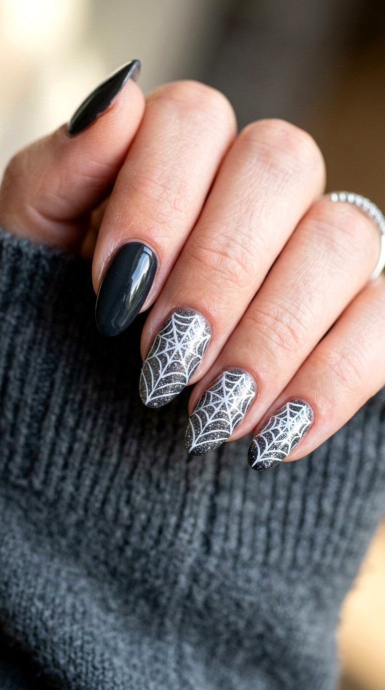 Glittery Spiderweb Accent Nails - 24 halloween nail ideas