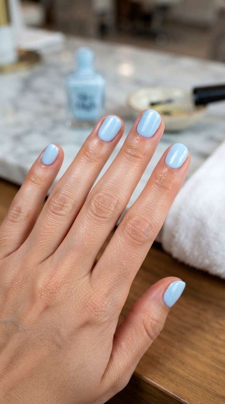 Glossy Baby Blue Short Nails - 21 blue short nail art inspiration ideas