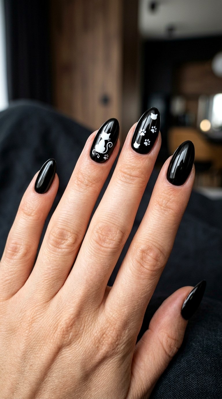 Glossy Black Cat Nails - 21 cute halloween nail ideas