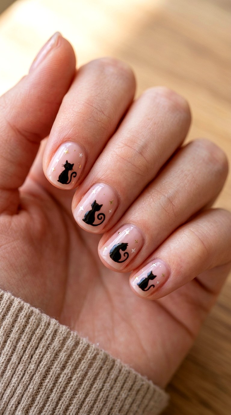 Glossy Black Cat Silhouettes - 23 black cat short nail design ideas