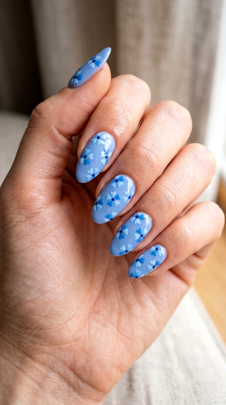 Glossy Blue Heart Blooms - 21 soft blue hearts nail art inspiration ideas