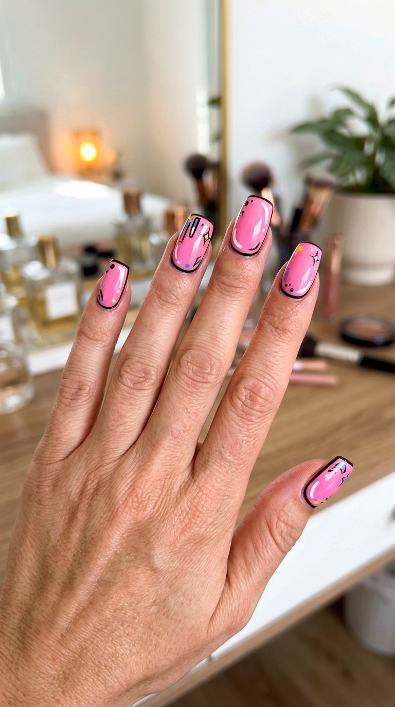 Glossy Bubblegum Comic Nails - 20 Y2K comic nails design ideas