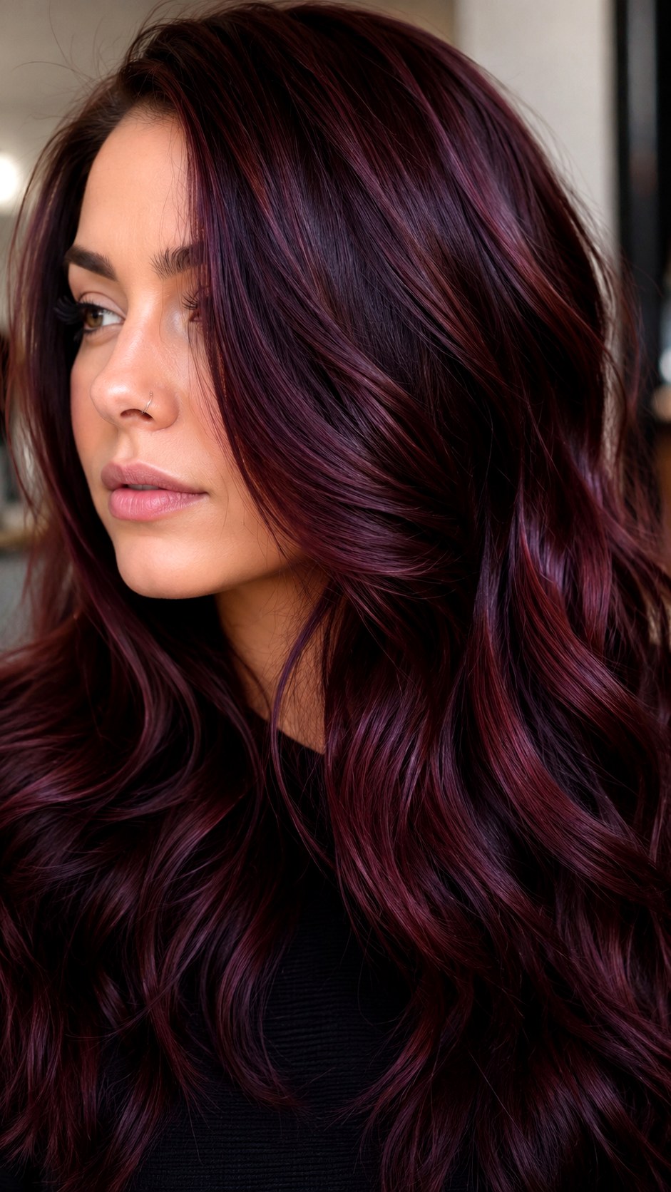 Glossy Burgundy Wine Waves - 20 red hair color ideas