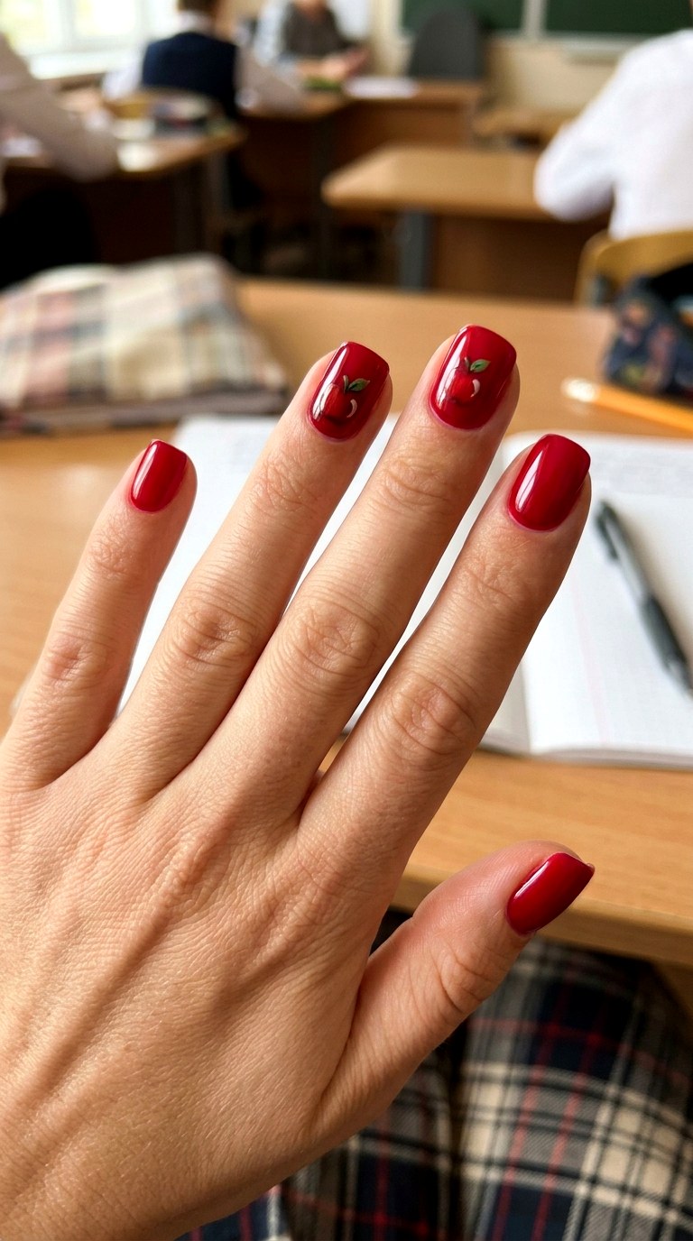 Glossy Cherry Red School Nails - 23 first day of school nail ideas